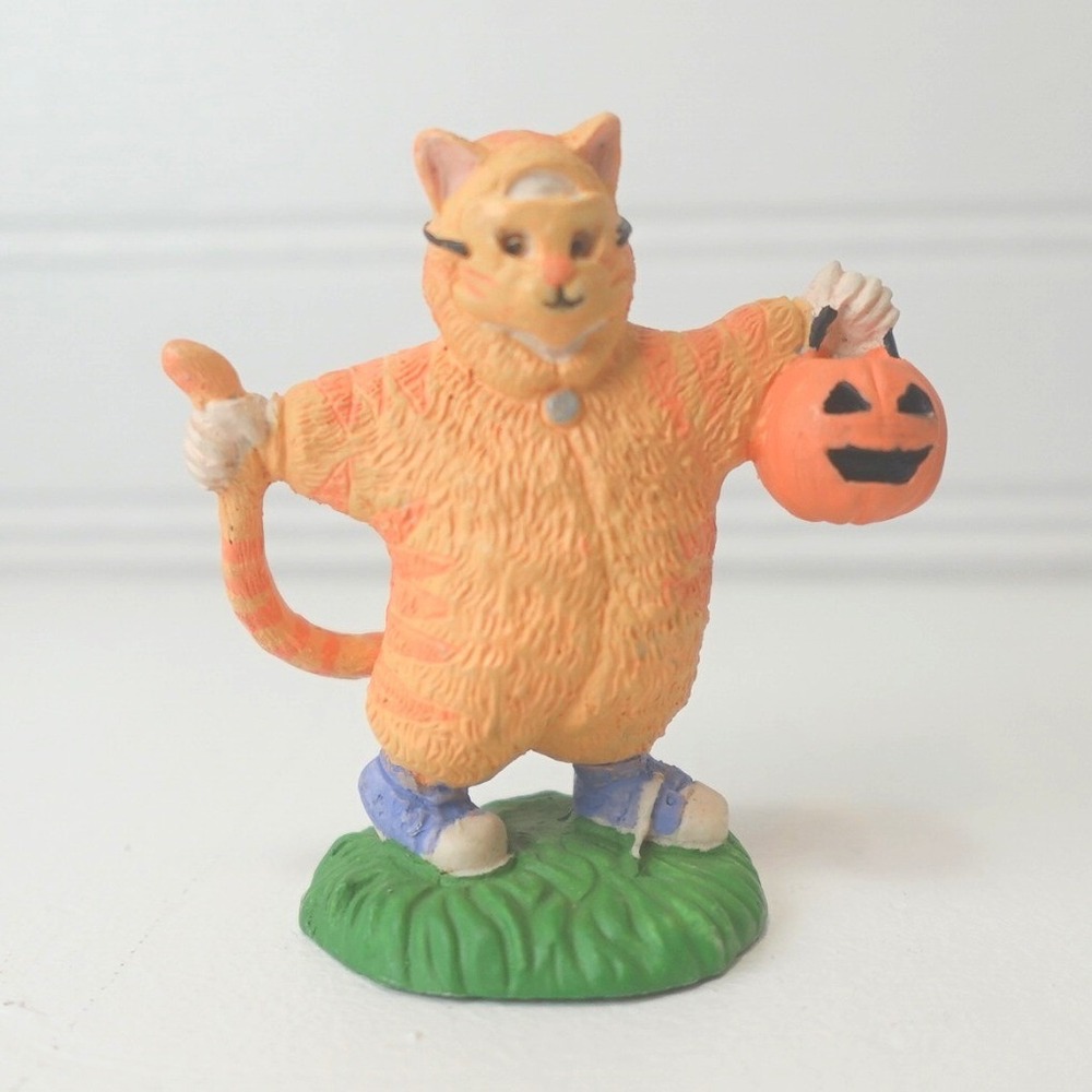 Orange Cat Halloween Figure Holding Pumpkin Dressed as Orange Cat Home Decor